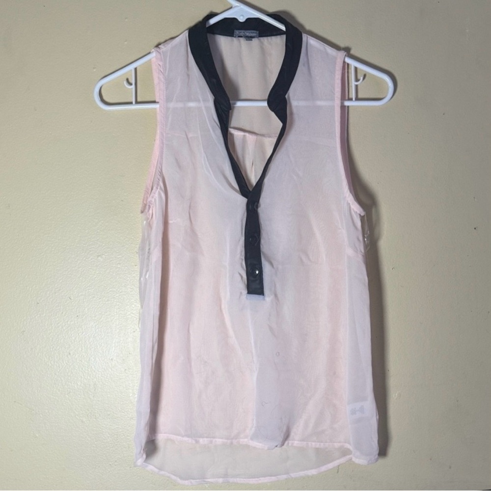 Charlotte Russe Sheer Pink Sleeveless Blouse w/ Black Trim - XS Chic Lightweight